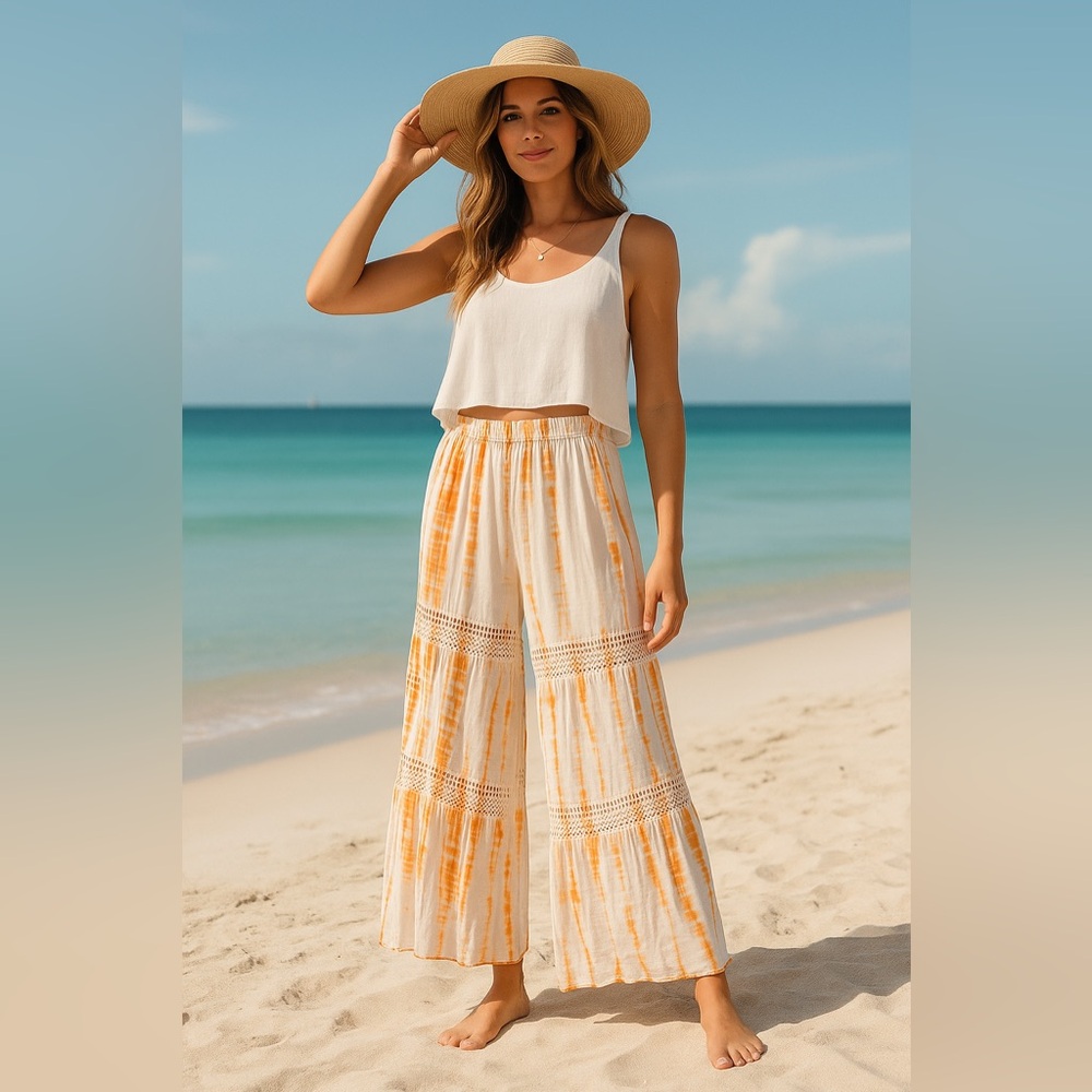Boho Tie-Dye Crochet Beach Cover-Up Pants NWT White Orange One Size
